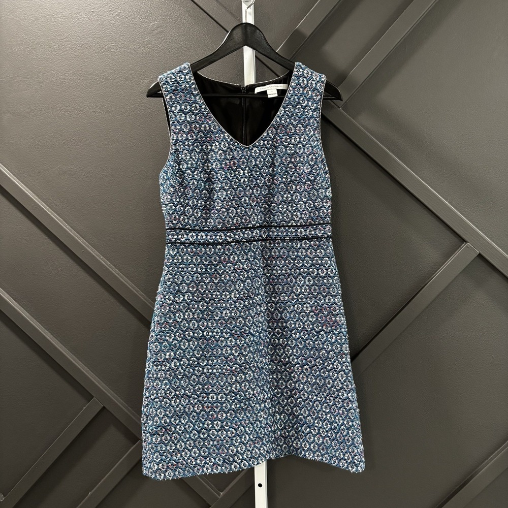 Diane von Furstenberg Blue Multicolor Tweed V Neck Sleeveless Dress Size 6